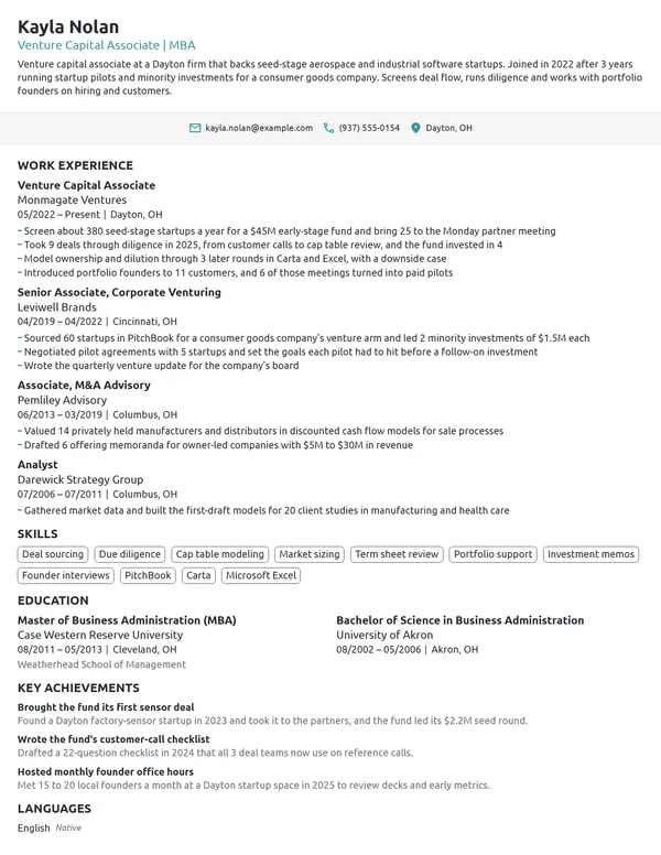 MBA Venture Capital Associate resume example