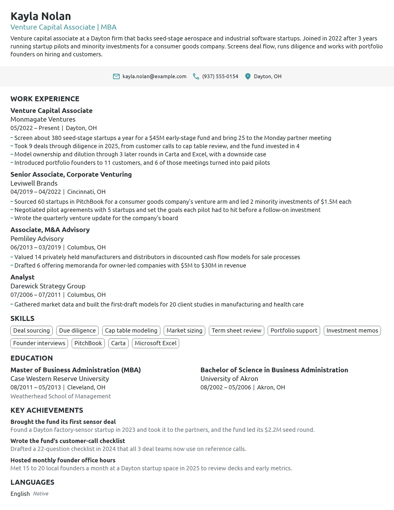 MBA Venture Capital Associate resume example