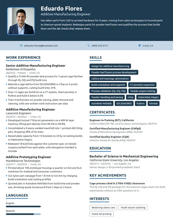 Additive Manufacturing Engineer resume example