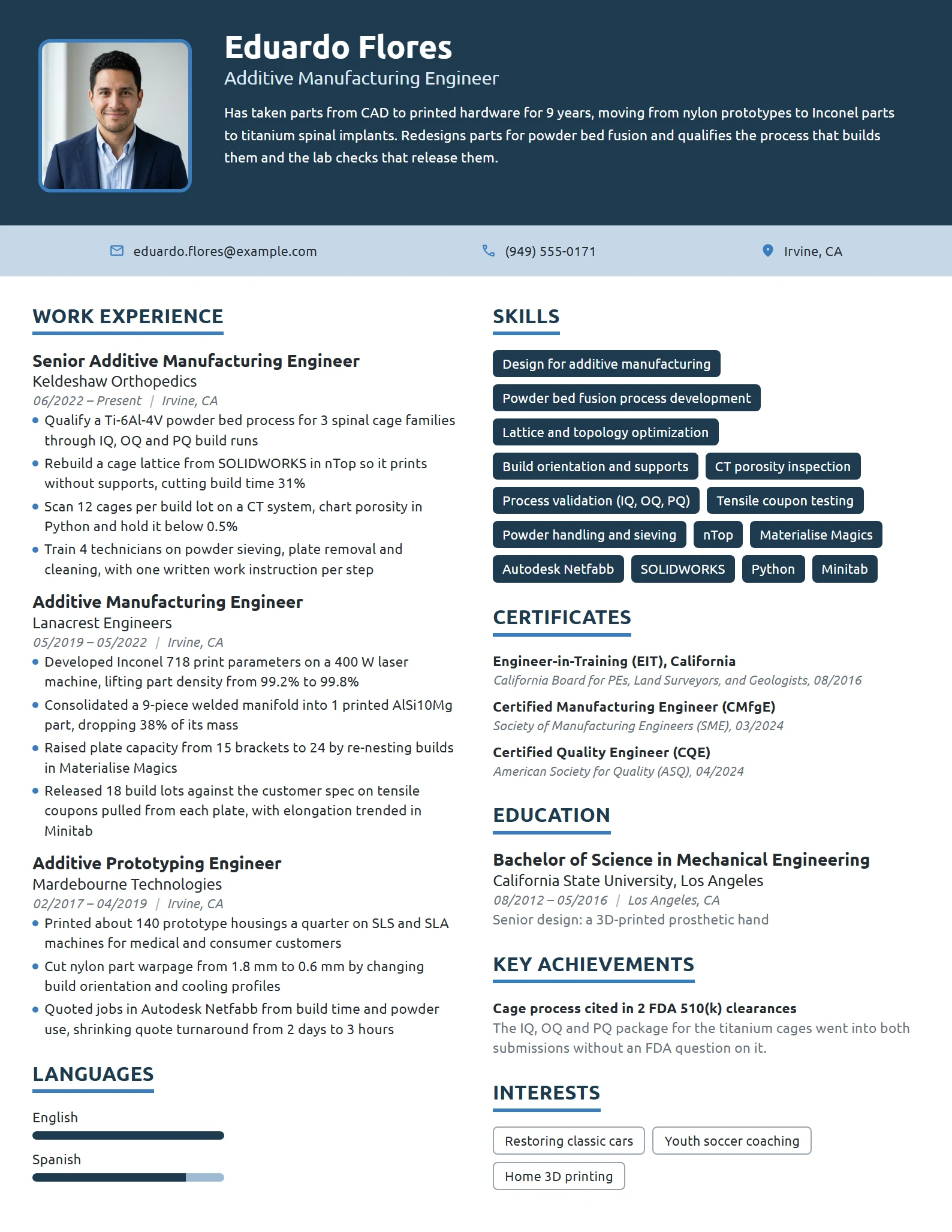 Additive Manufacturing Engineer resume example
