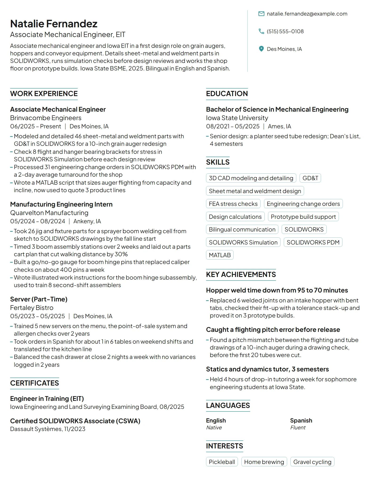 Associate Mechanical Engineer resume example