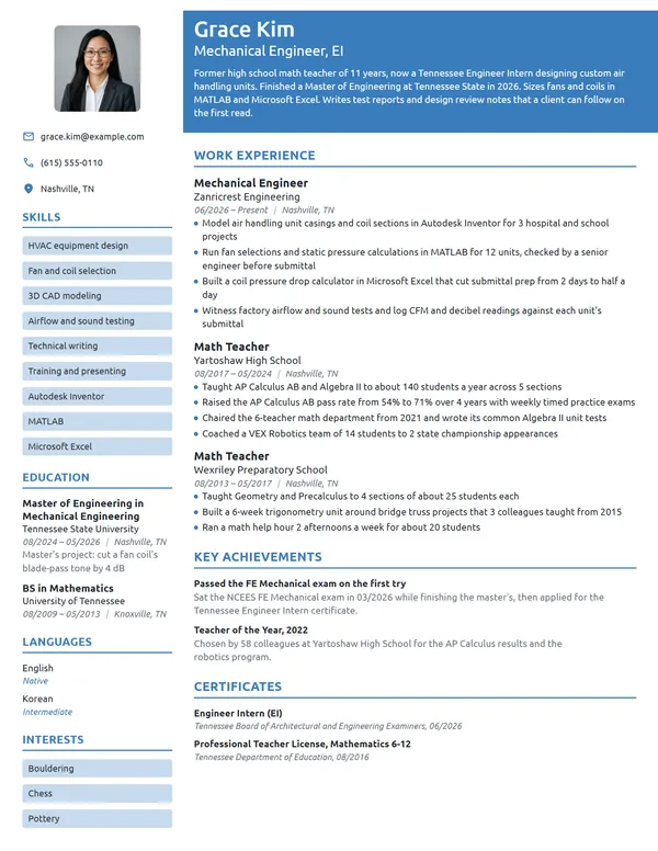 Career Change Mechanical Engineer resume example