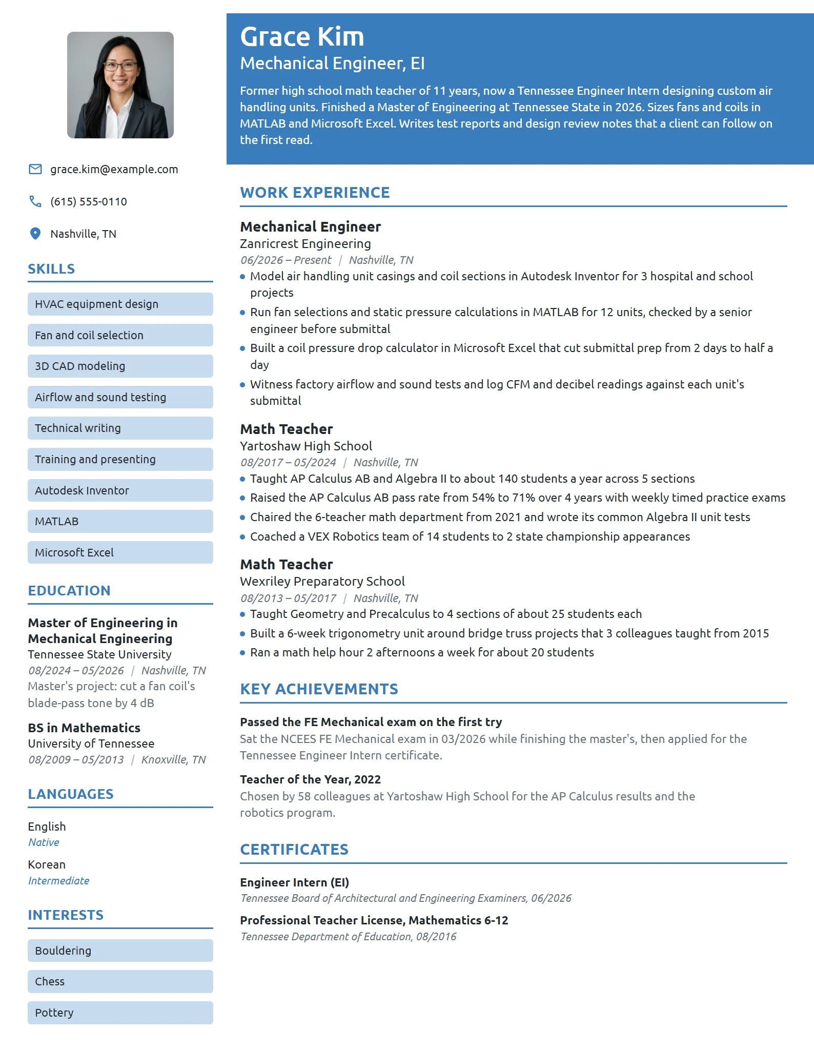 Career Change Mechanical Engineer resume example