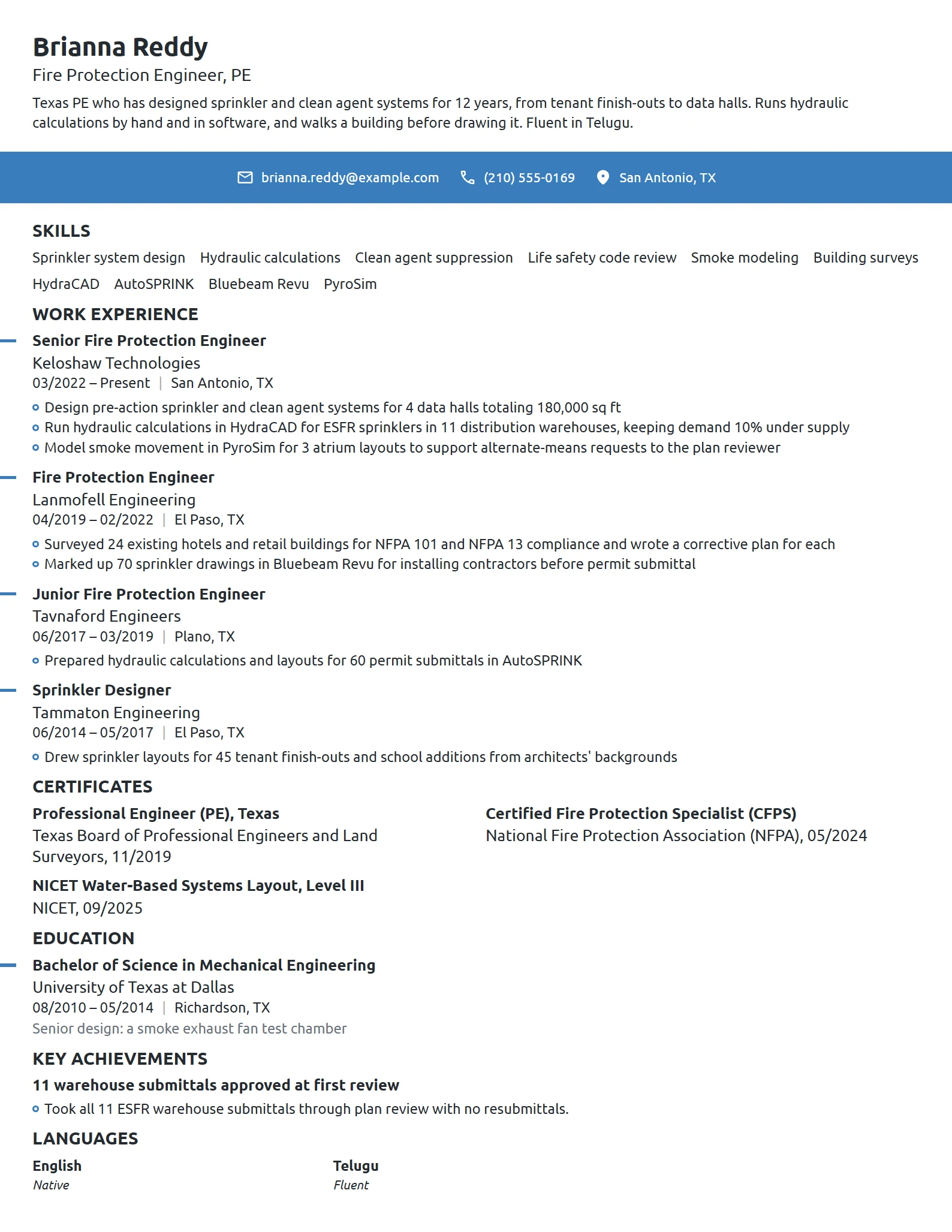 Fire Protection Engineer resume example