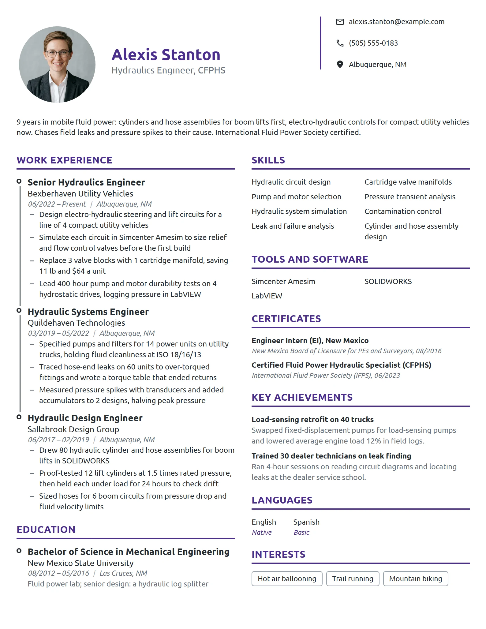 Hydraulics Engineer resume example
