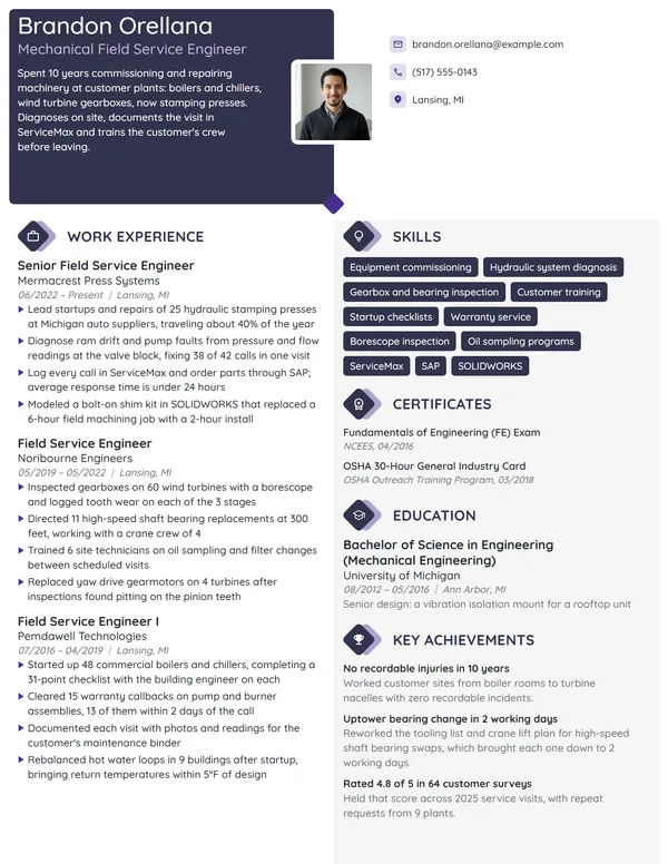 Mechanical Field Service Engineer resume example