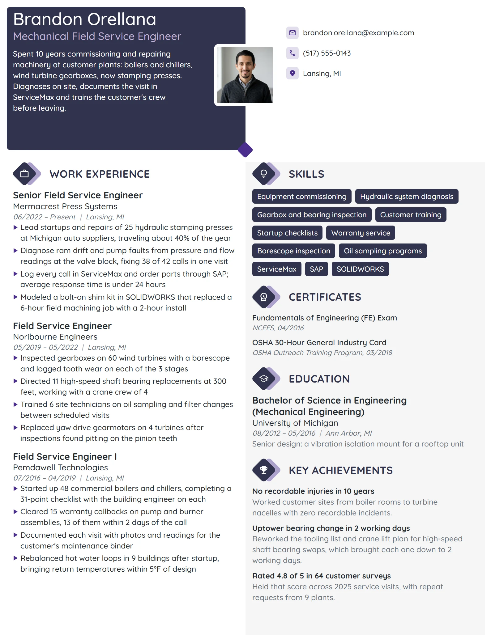 Mechanical Field Service Engineer resume example