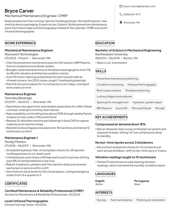 Mechanical Maintenance Engineer resume example