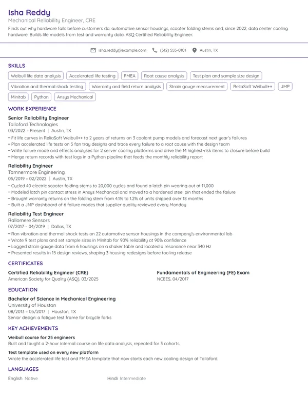 Mechanical Reliability Engineer resume example