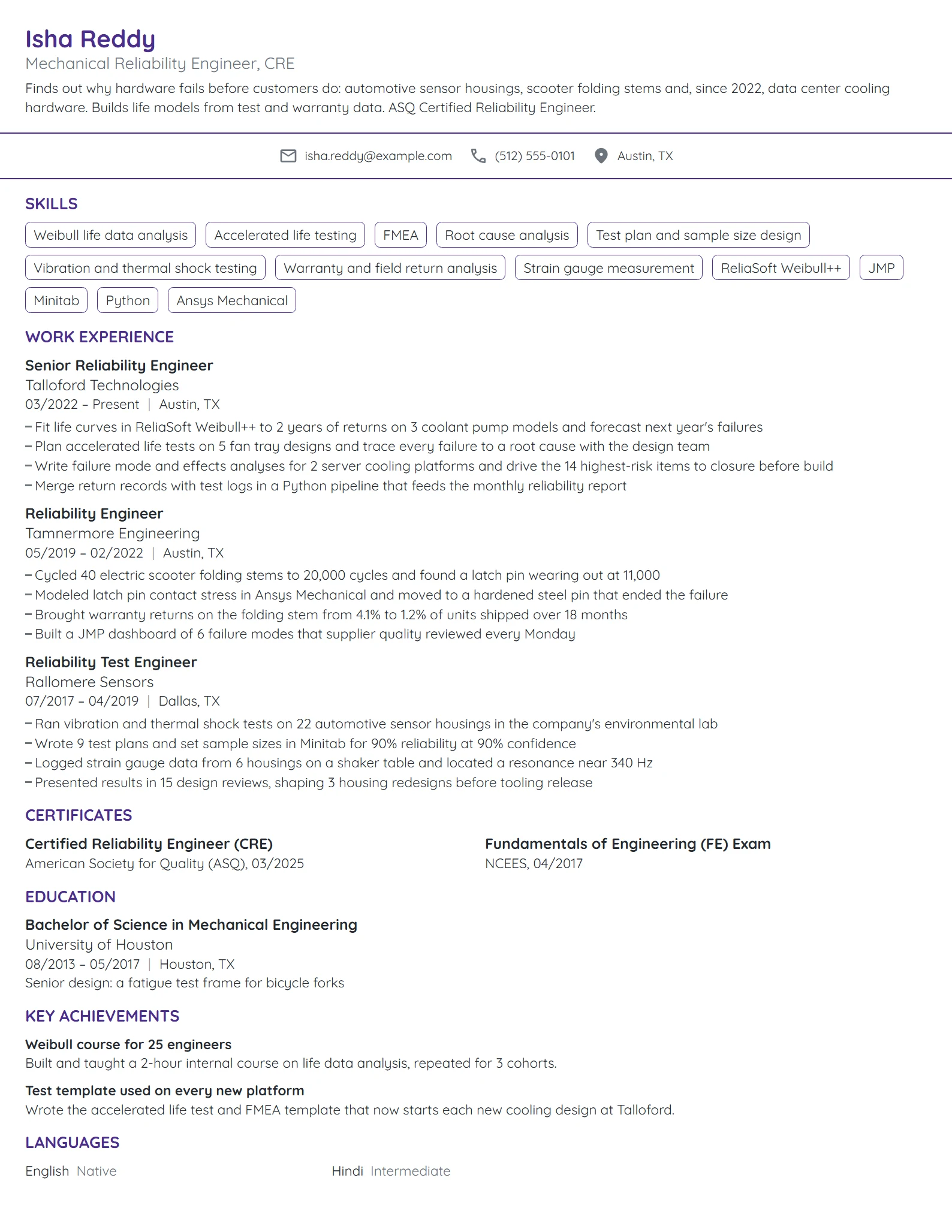 Mechanical Reliability Engineer resume example