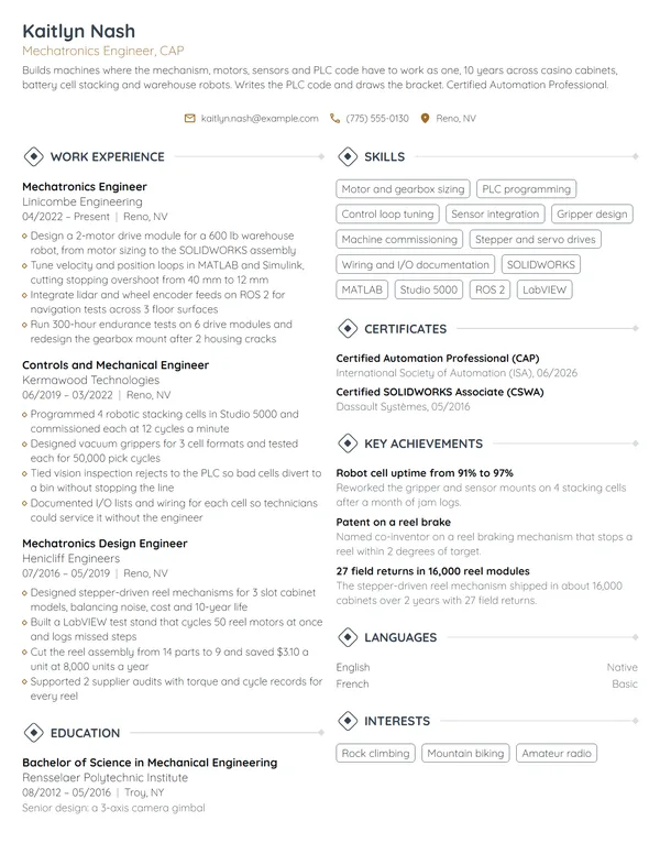 Mechatronics Engineer resume example