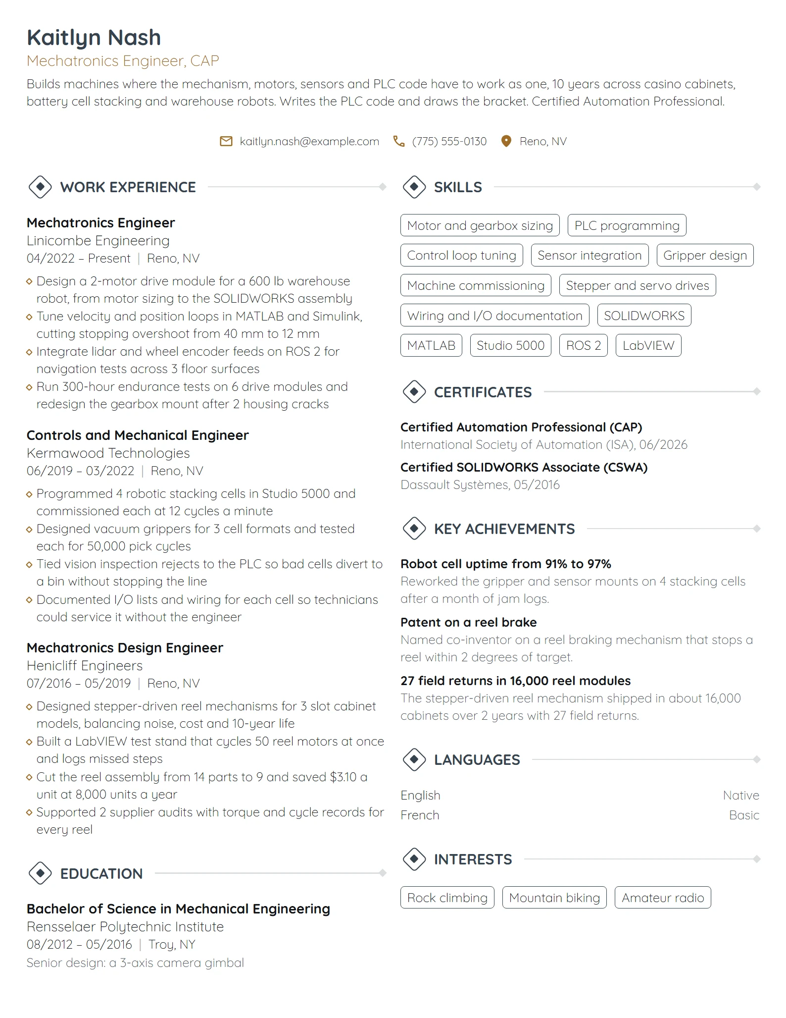 Mechatronics Engineer resume example