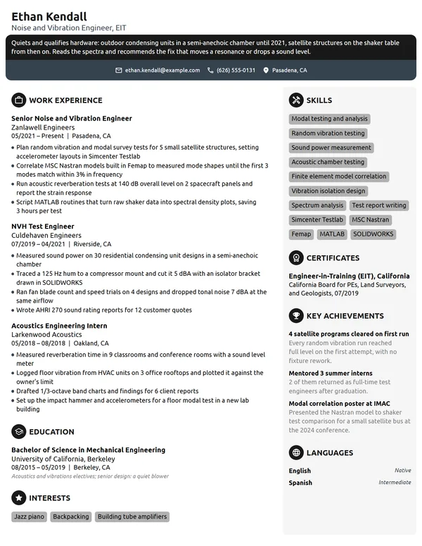Noise and Vibration Engineer resume example