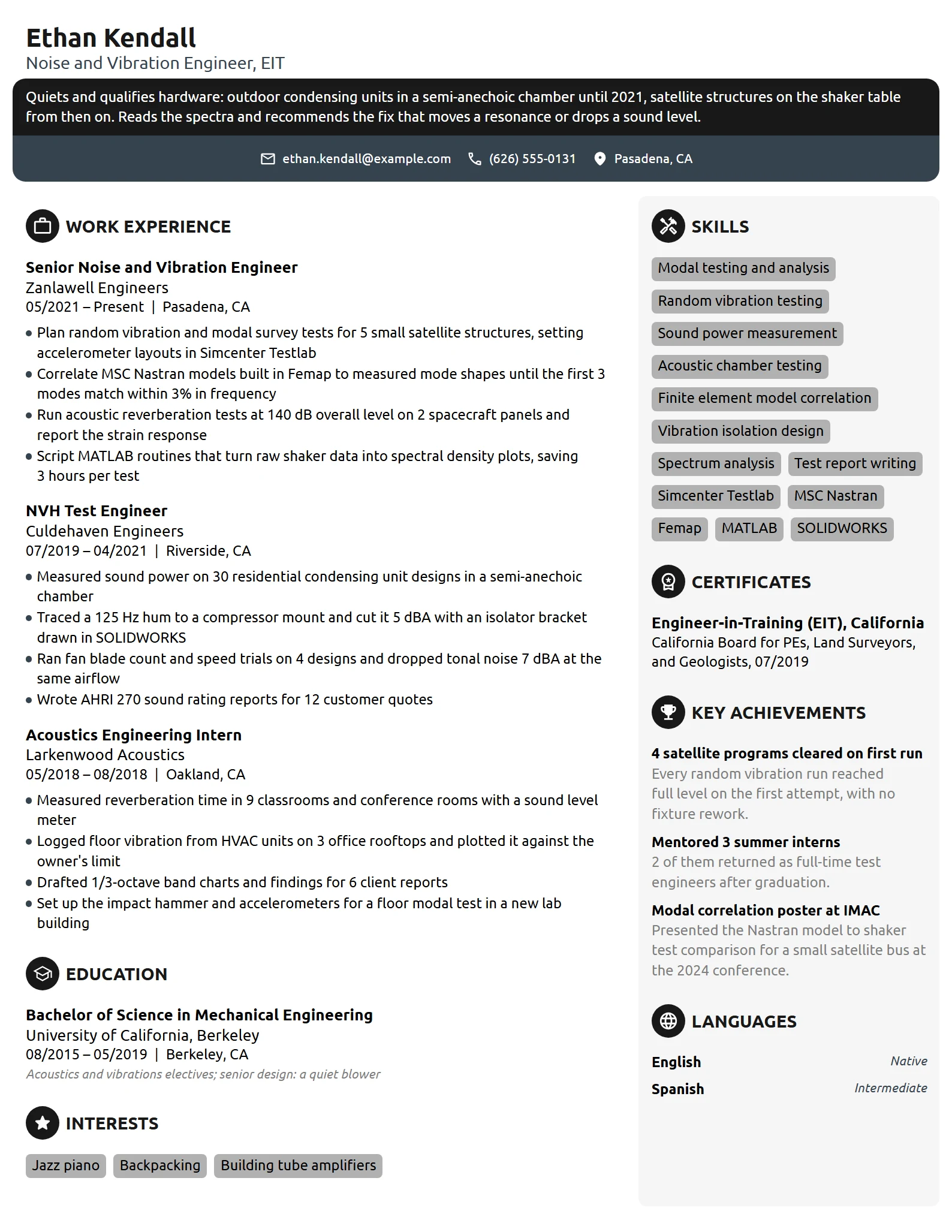Noise and Vibration Engineer resume example
