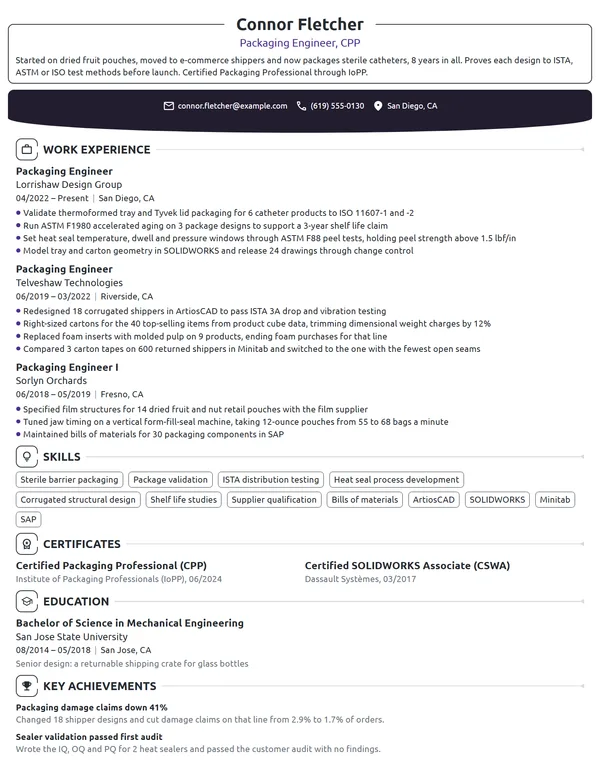 Packaging Engineer resume example