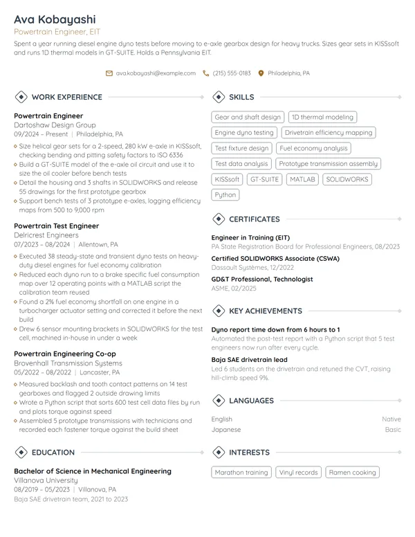 Powertrain Engineer resume example