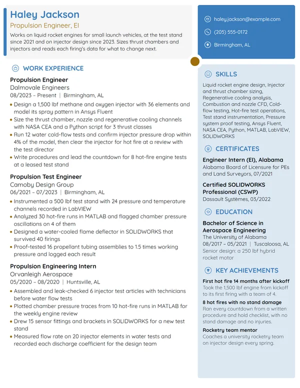 Propulsion Engineer resume example