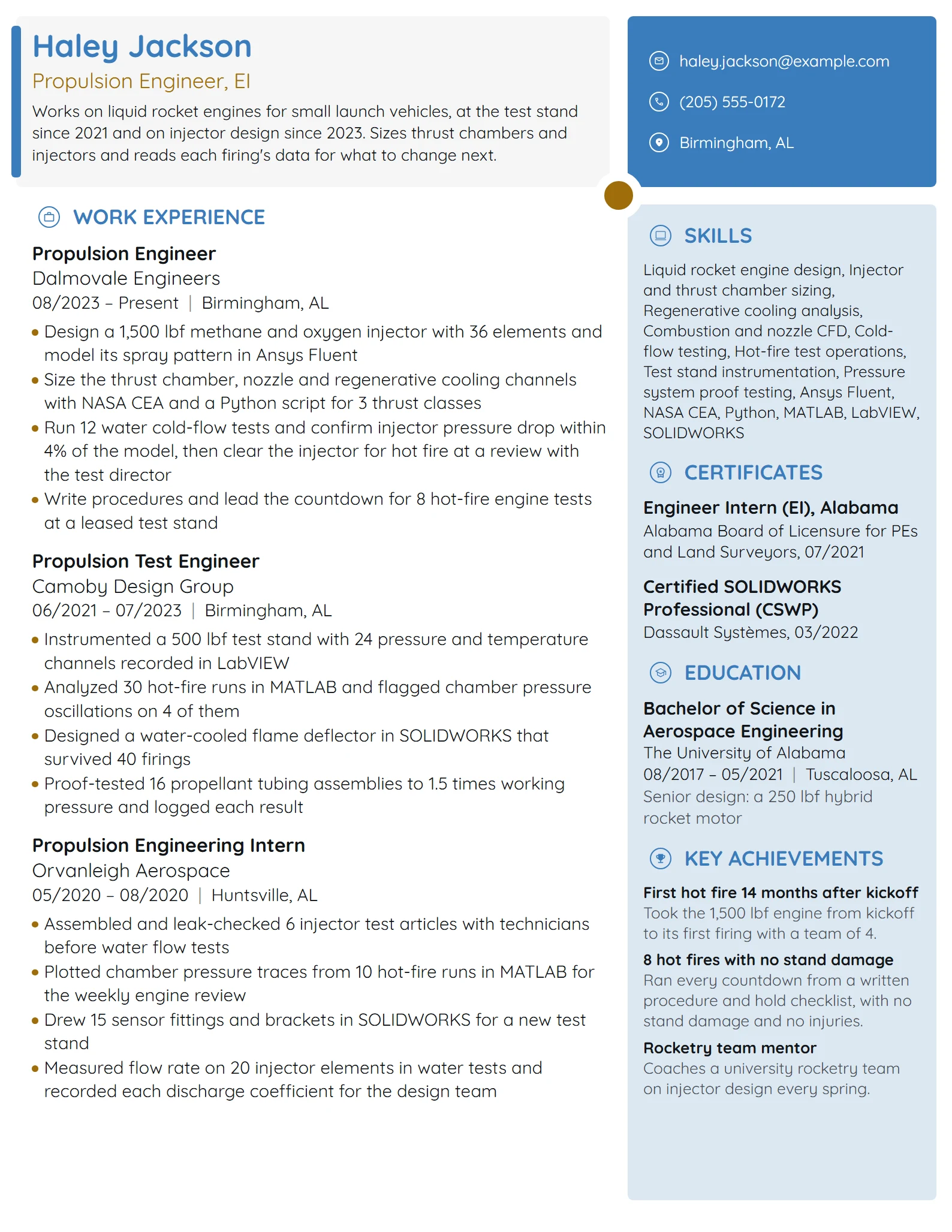 Propulsion Engineer resume example
