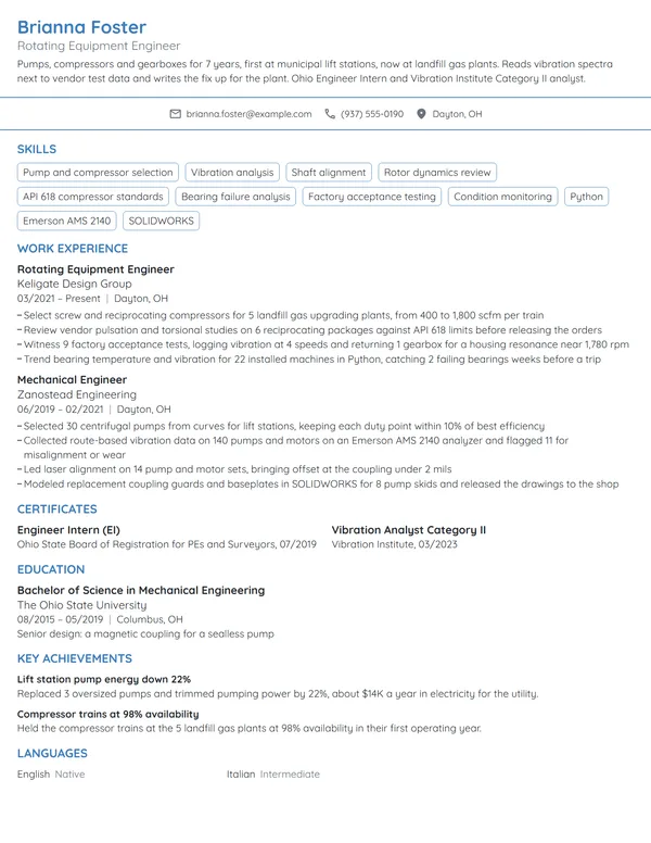 Rotating Equipment Engineer resume example
