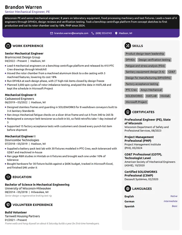 Senior Mechanical Engineer resume example