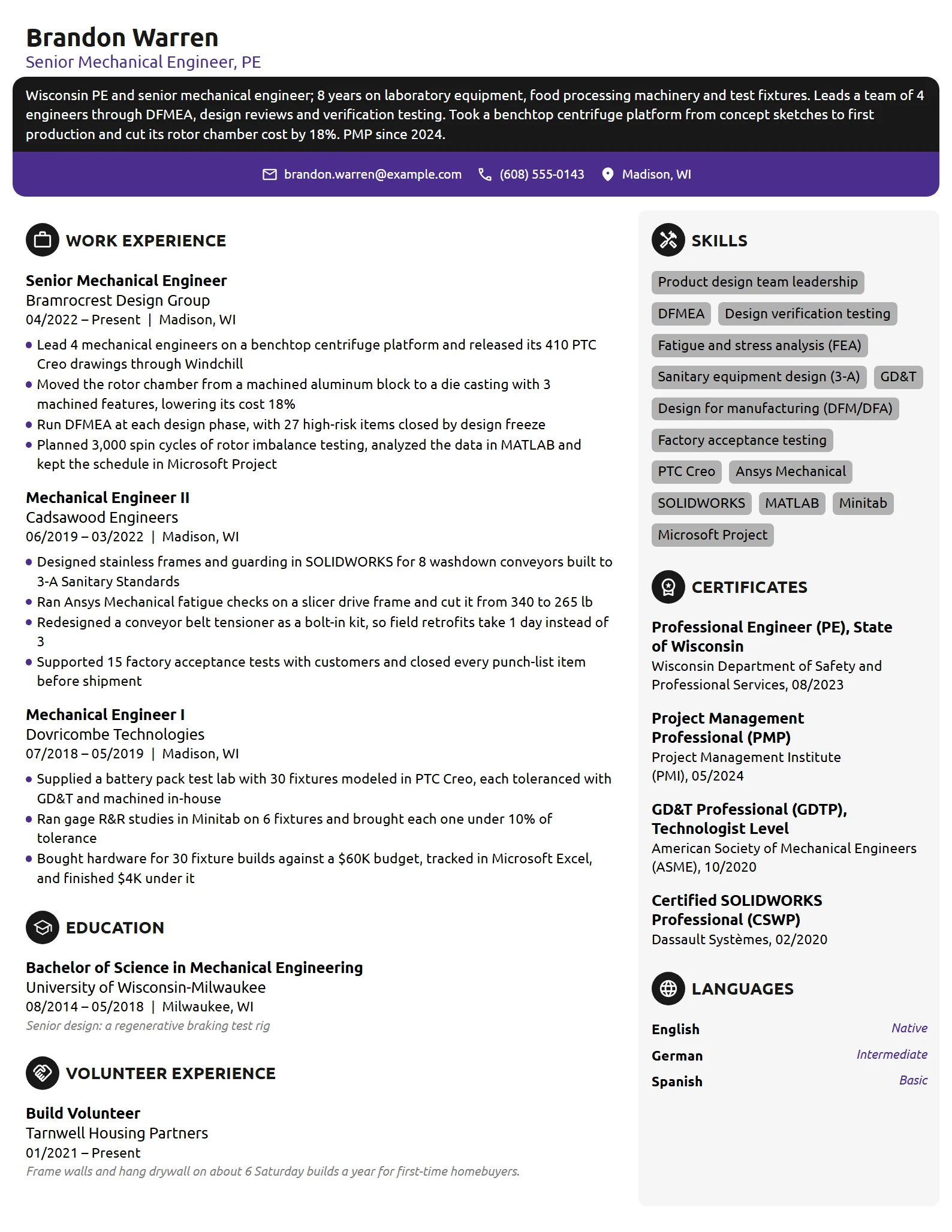 Senior Mechanical Engineer resume example
