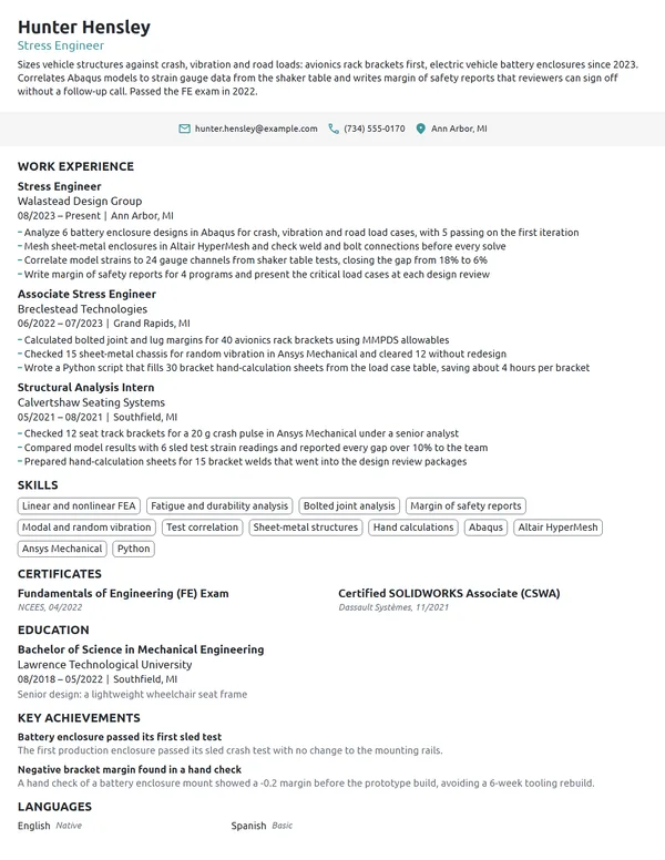 Stress Engineer resume example
