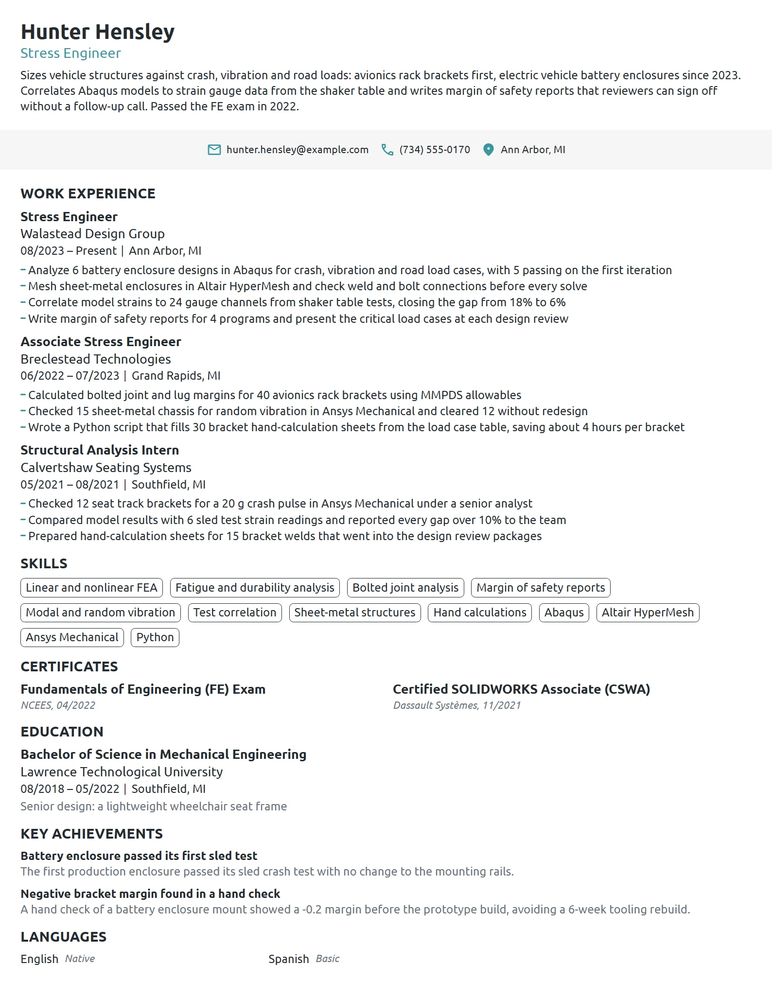 Stress Engineer resume example