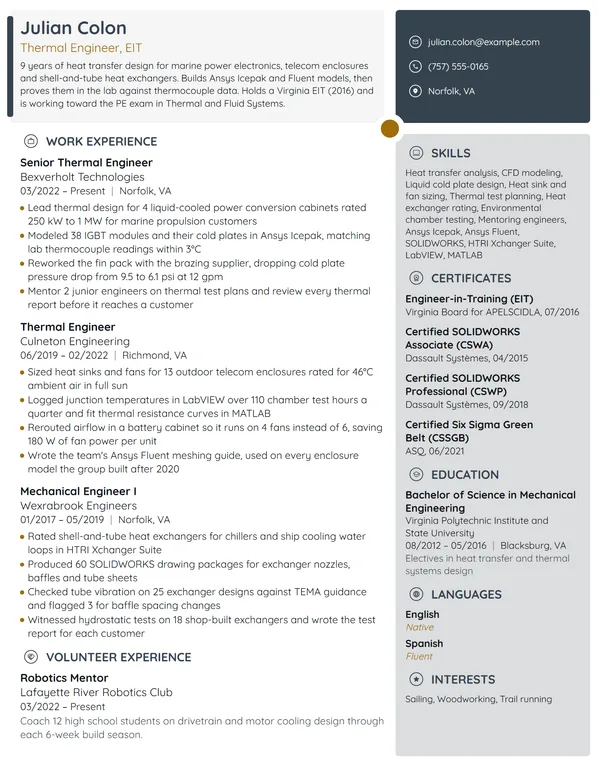 Thermal Engineer resume example