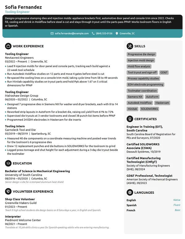 Tooling Engineer resume example