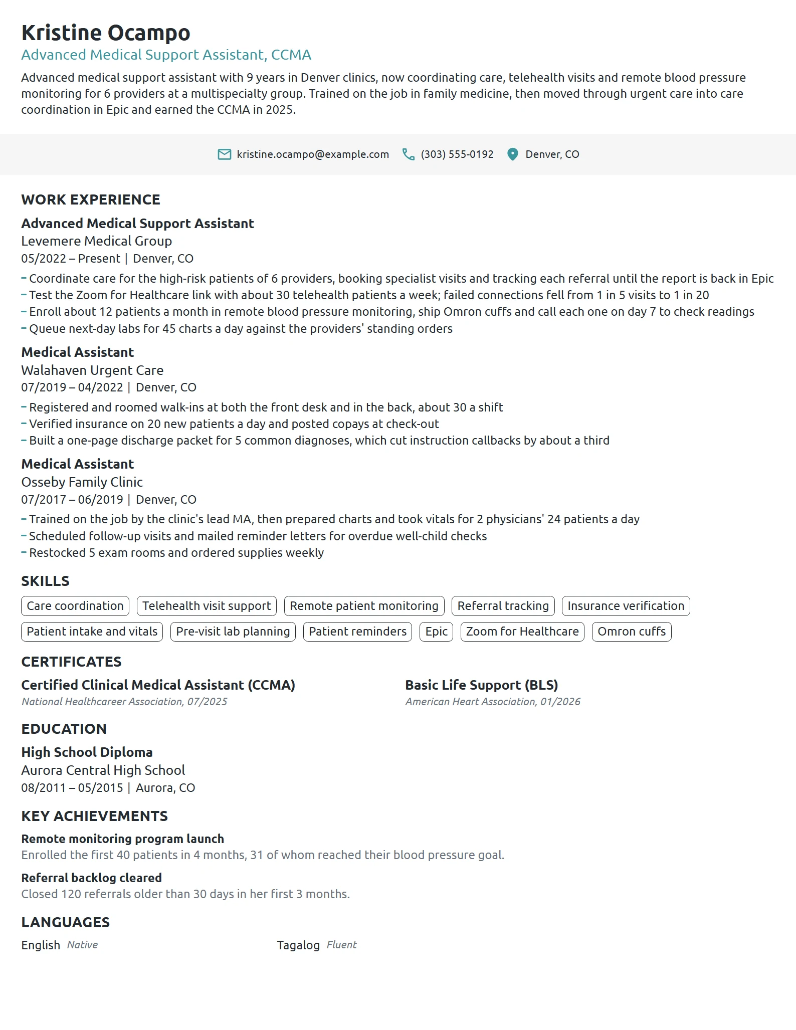 Advanced Medical Support Assistant resume example