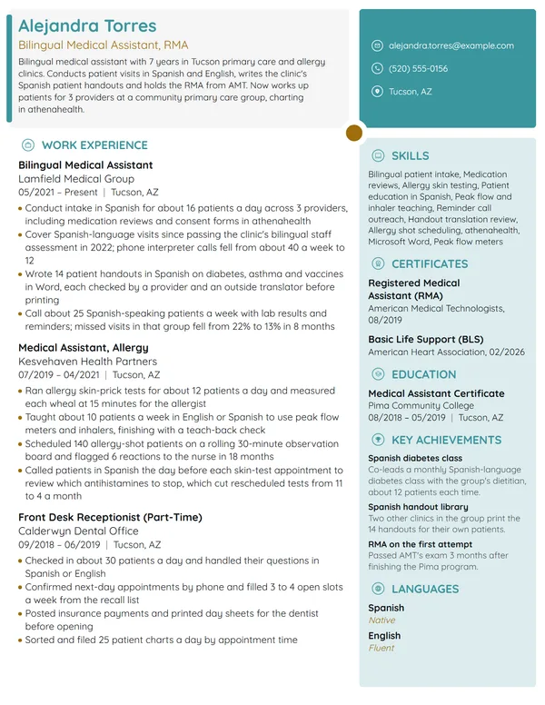 Bilingual Medical Assistant resume example