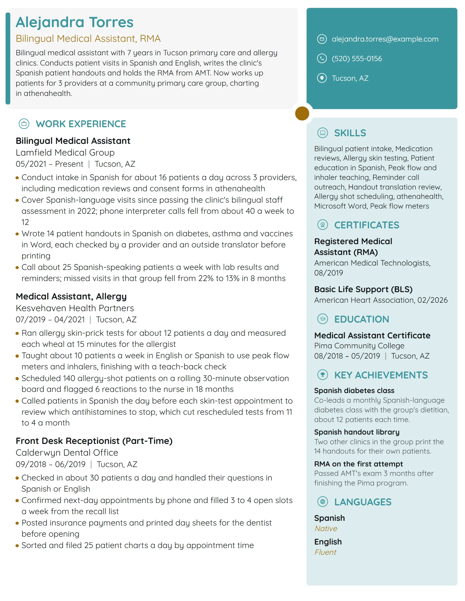 Bilingual Medical Assistant resume example