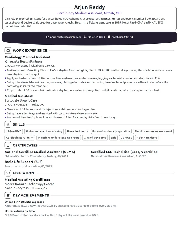 Cardiology Medical Assistant resume example