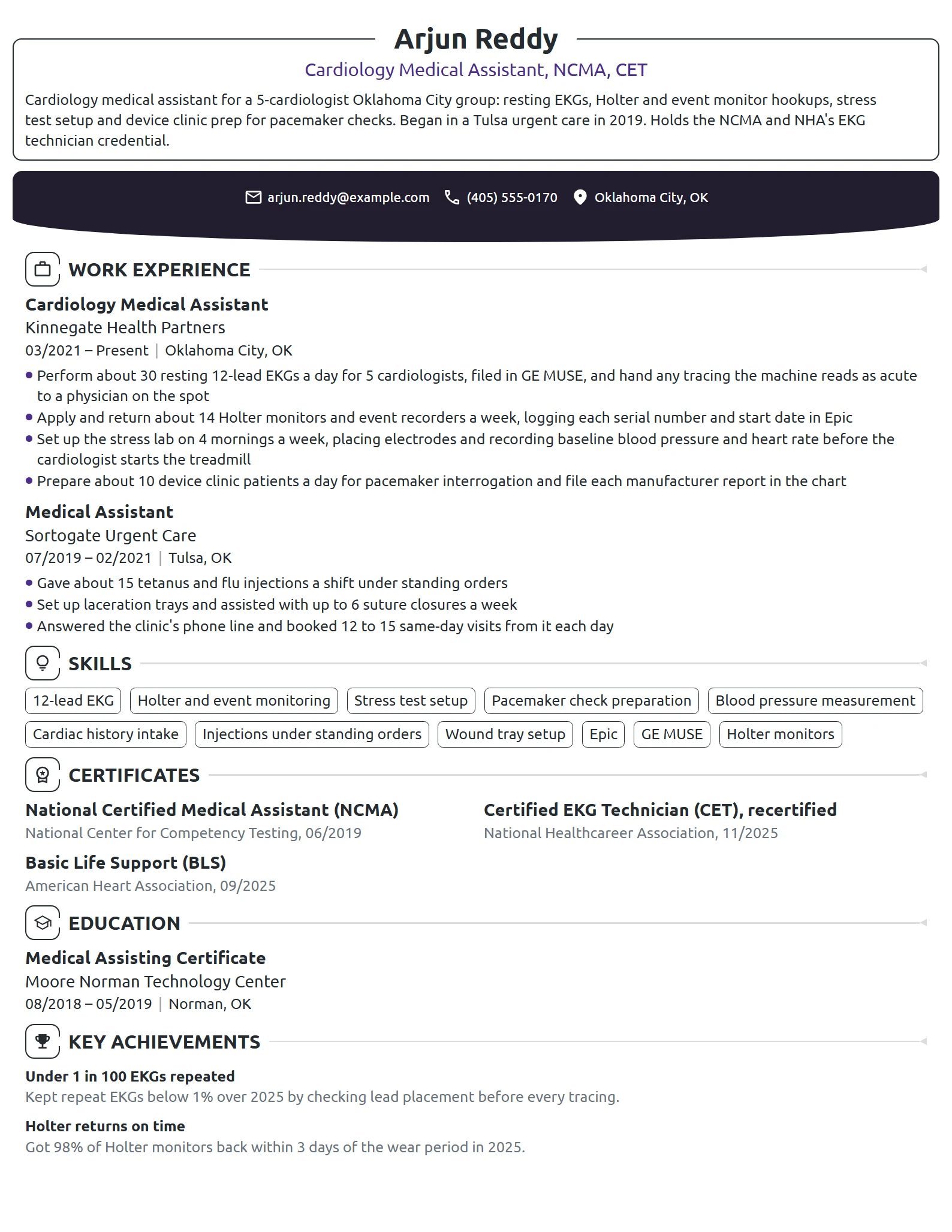 Cardiology Medical Assistant resume example