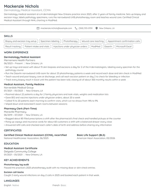 Dermatology Medical Assistant resume example