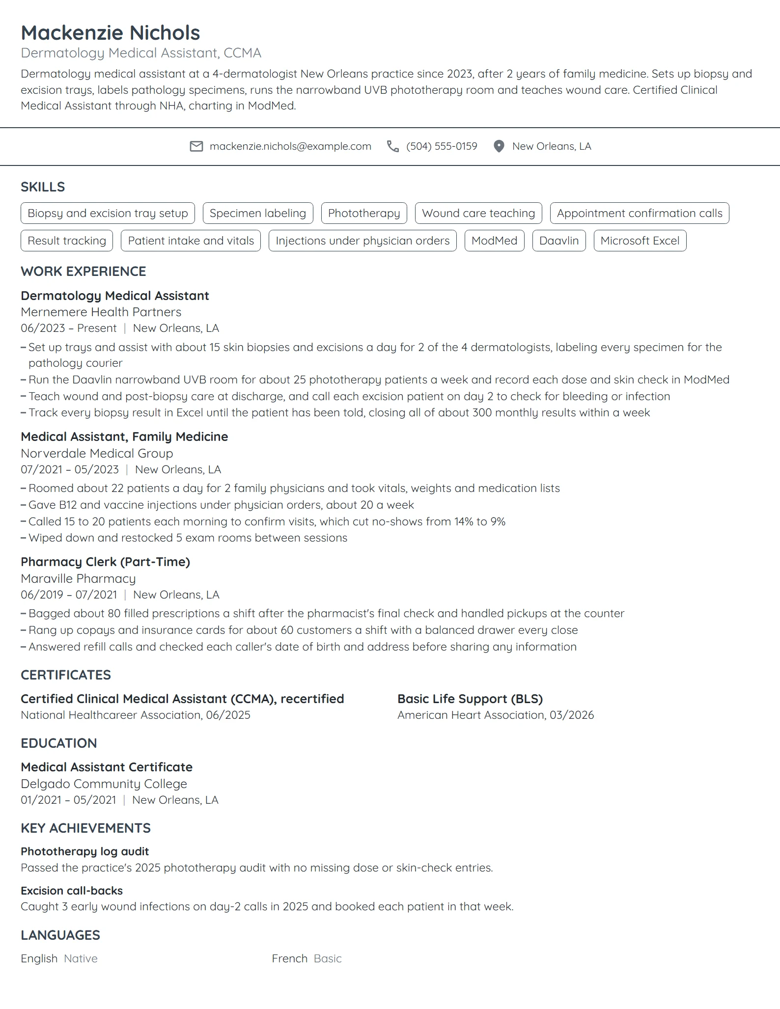 Dermatology Medical Assistant resume example