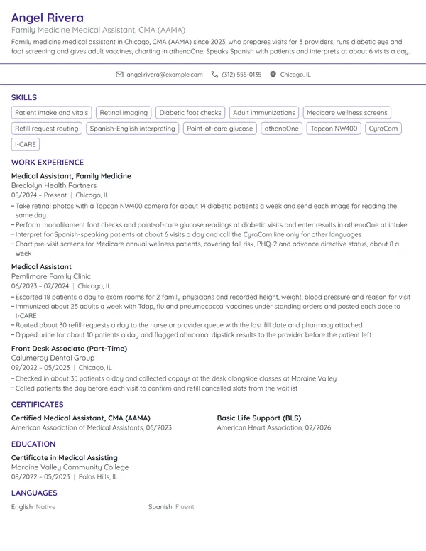 Family Medicine Medical Assistant resume example