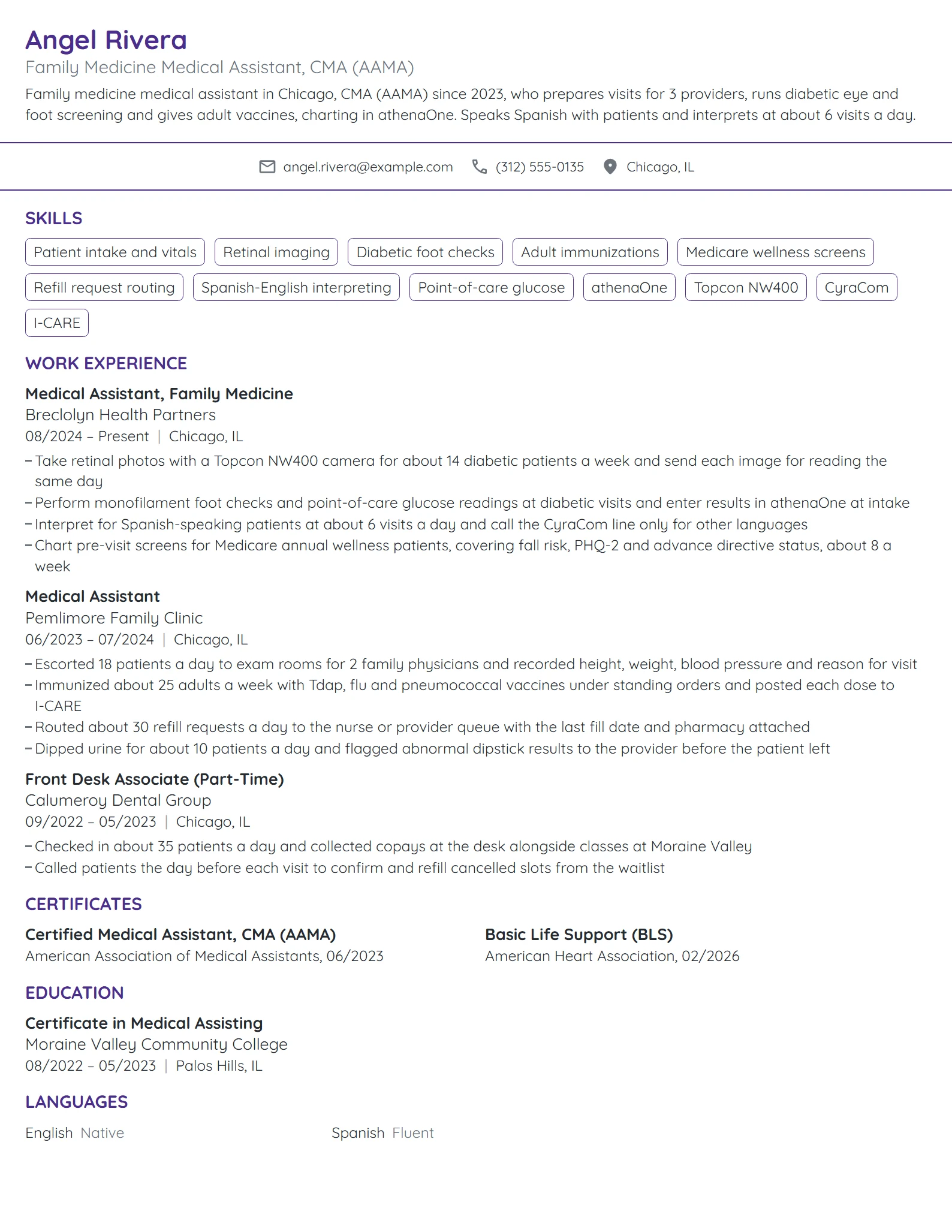 Family Medicine Medical Assistant resume example