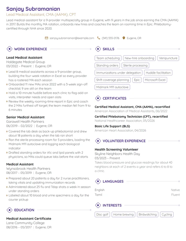 Lead Medical Assistant resume example