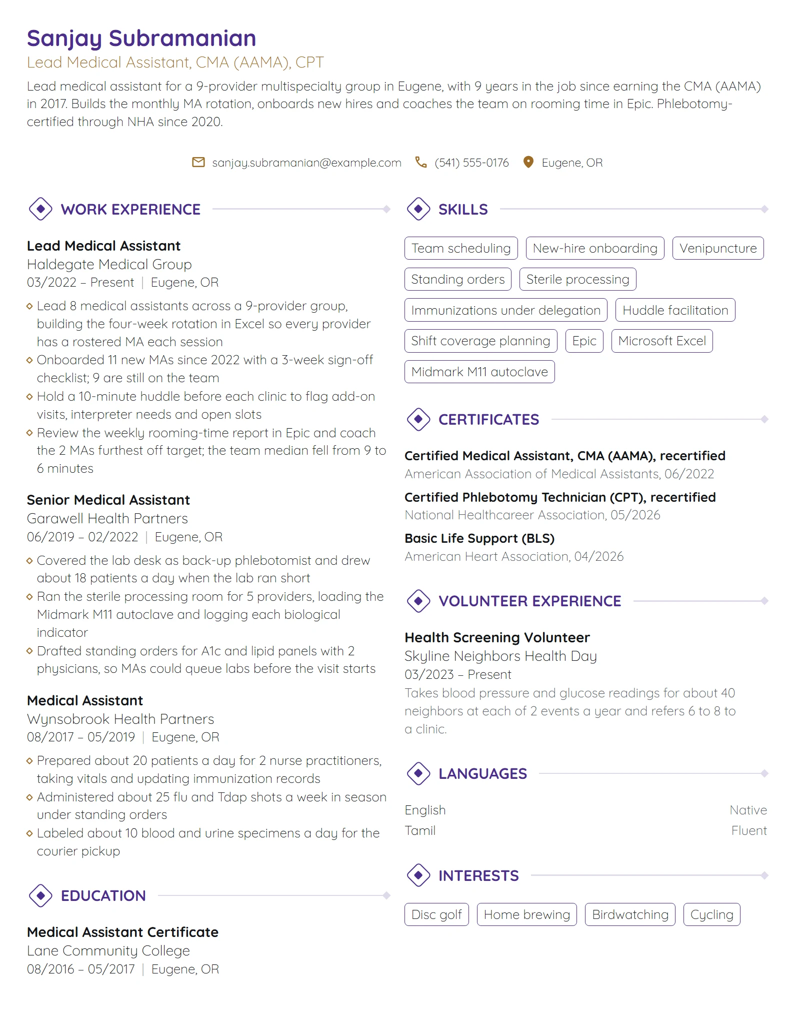 Lead Medical Assistant resume example