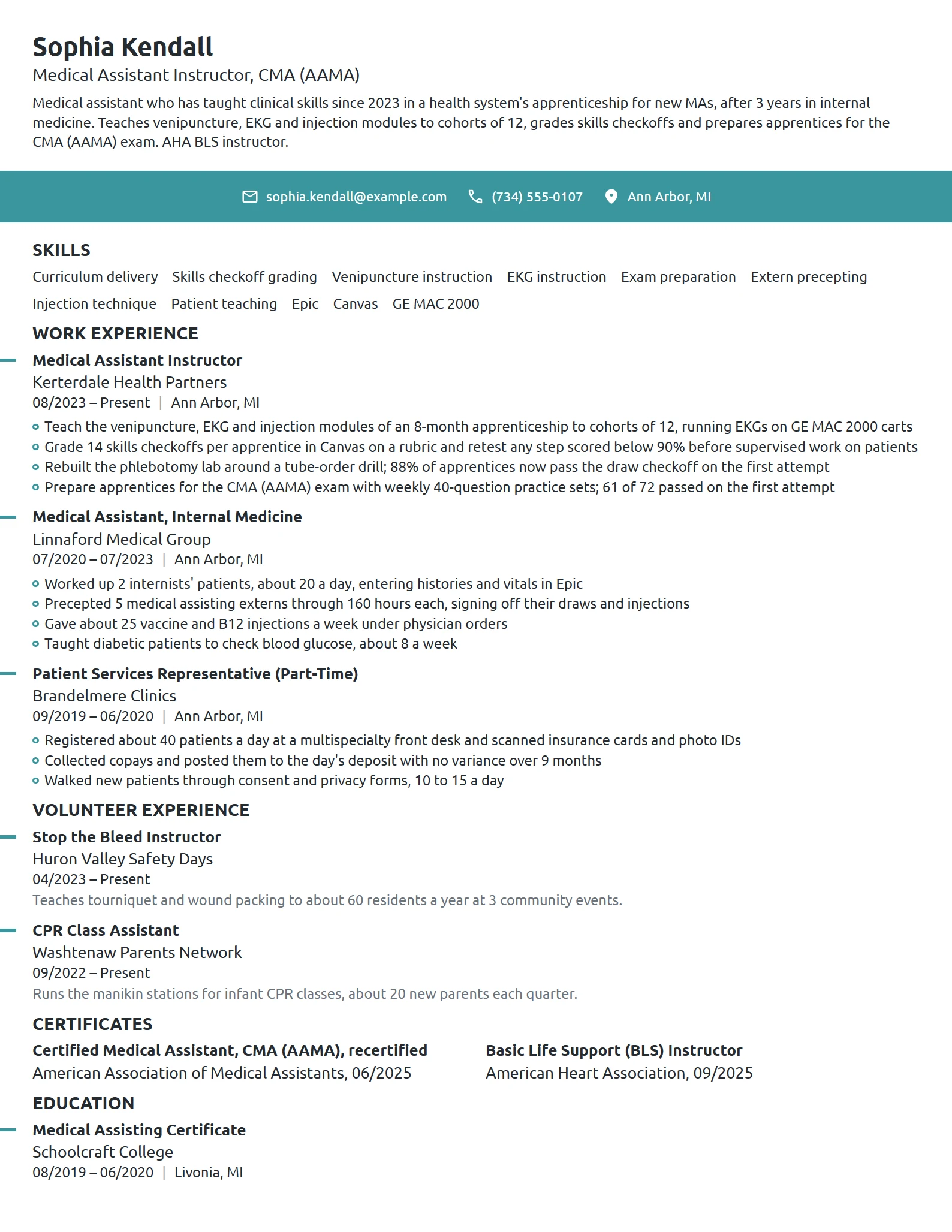 Medical Assistant Instructor resume example