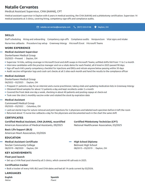 Medical Assistant Supervisor resume example
