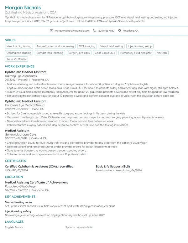 Ophthalmic Medical Assistant resume example