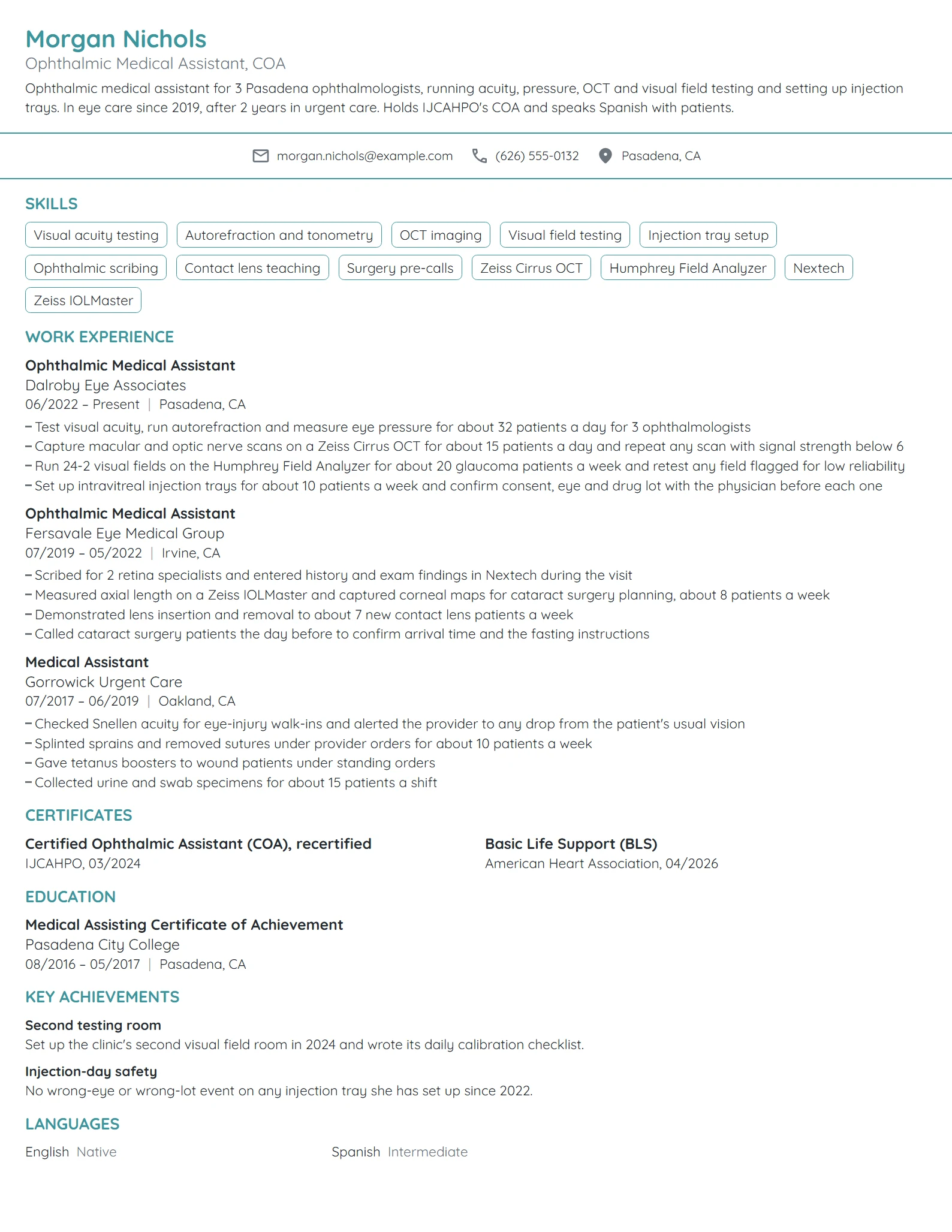 Ophthalmic Medical Assistant resume example