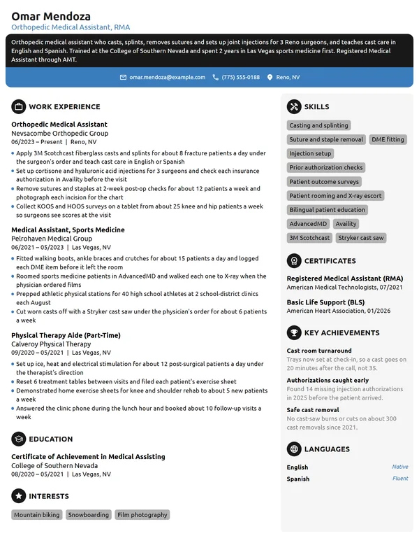 Orthopedic Medical Assistant resume example