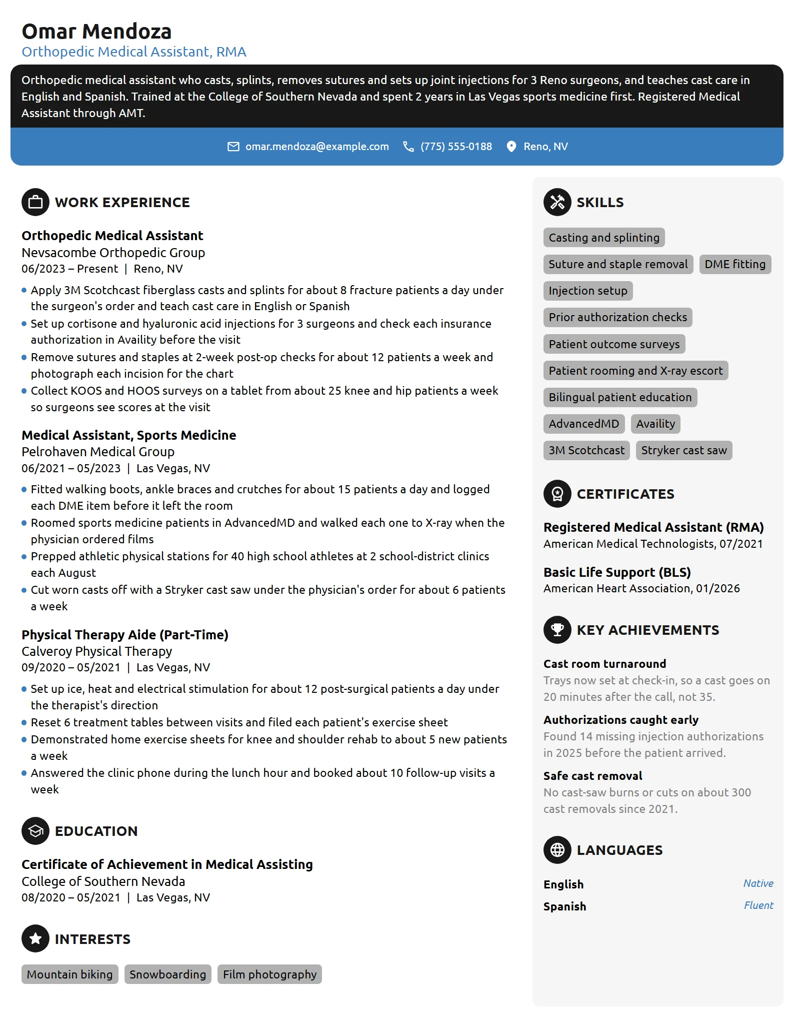 Orthopedic Medical Assistant resume example