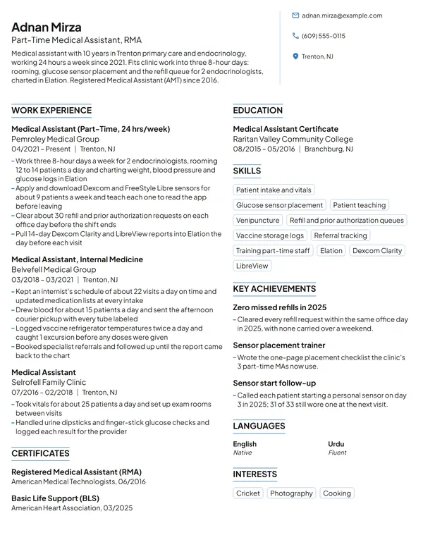 Part-Time Medical Assistant resume example
