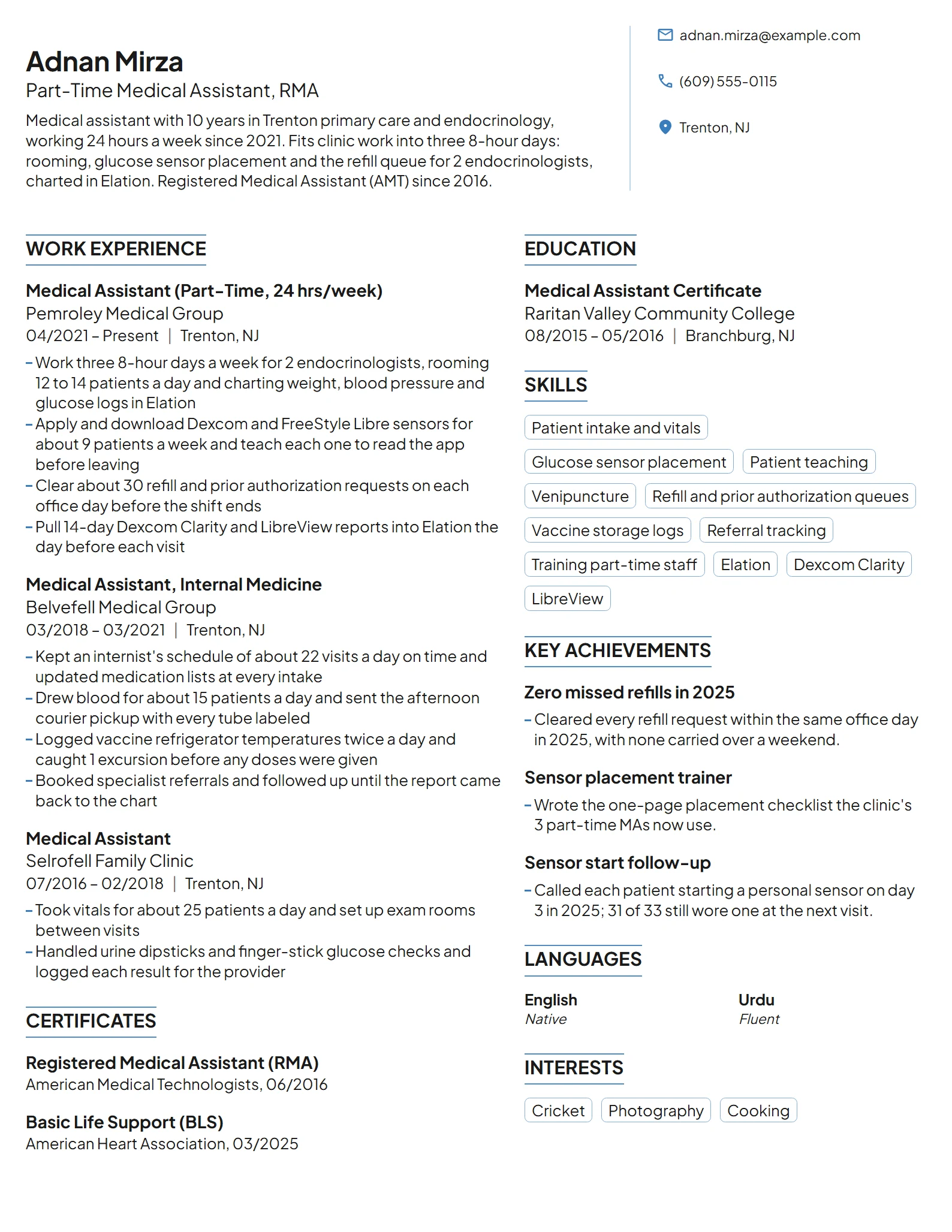 Part-Time Medical Assistant resume example