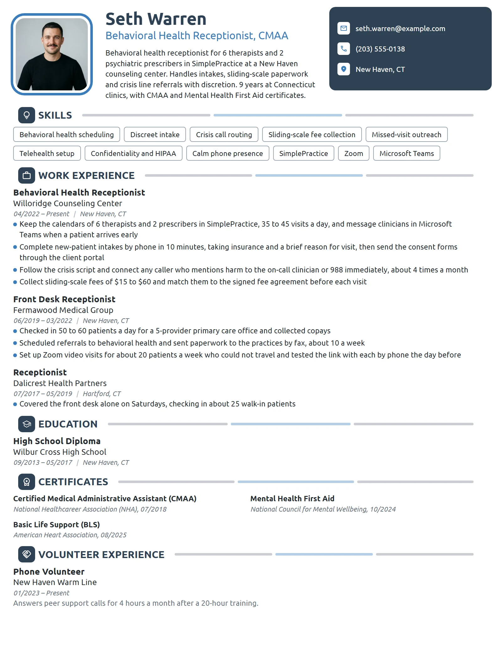 Behavioral Health Receptionist resume example