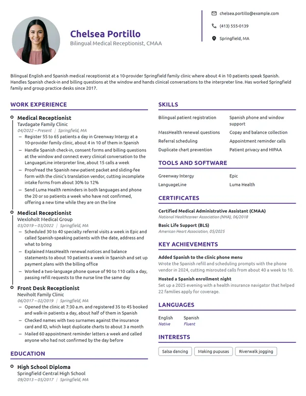 Bilingual Medical Receptionist resume example